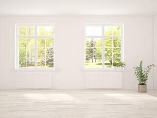 White empty room with summer landscape in window. Scandinavian interior design. 3D illustration