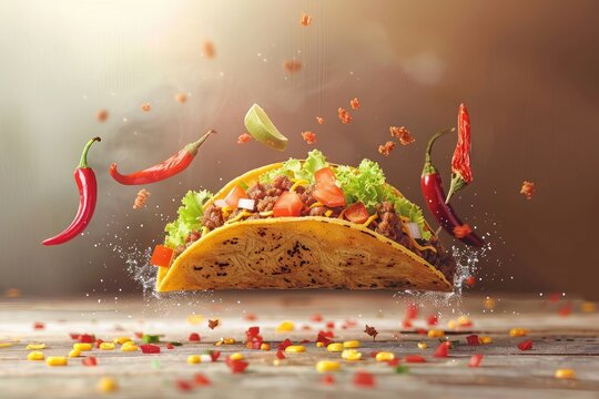 Dynamic taco with floating ingredients - A mouthwatering image of a taco with its ingredients seemingly levitating around it