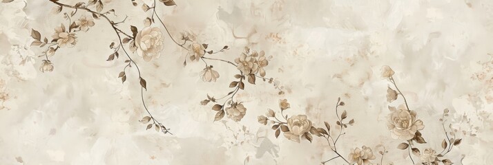 Soft cream vintage floral pattern with flowers and vines in watercolor style - Subtle gradient background with baroque style pattern in the background created with Generative AI Technology - obrazy, fototapety, plakaty