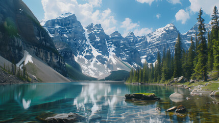 Majestuosas montañas nevadas a los pies de un lago de aguas cristalinas - obrazy, fototapety, plakaty