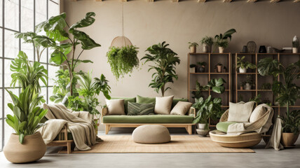Obraz premium Interior of minimalist living room with green houseplants and sofas