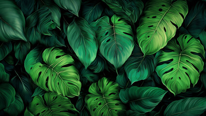 A lush pattern of overlapping monstera leaves in various shades of green. - obrazy, fototapety, plakaty