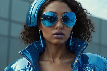 Woman in Blue Sunglasses and Jacket Embracing Afrofuturism