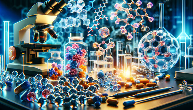 An image capturing the essence of the biopharmaceuticals discovery process, focusing on new drug compounds and molecular analysis within a laboratory