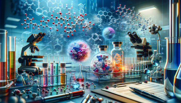 An image capturing the essence of the biopharmaceuticals discovery process, focusing on new drug compounds and molecular analysis within a laboratory