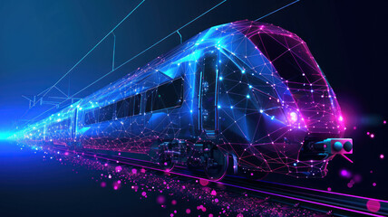 Digital low poly wireframe  futuristic high-speed train. Future logistics modern technology, transport concept Abstract 3d blue purple  connected dots  color mesh