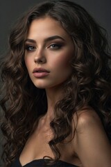 Naklejka premium Beautiful Woman with Dark Hair: Perfect Makeup and Seductive Facial Features