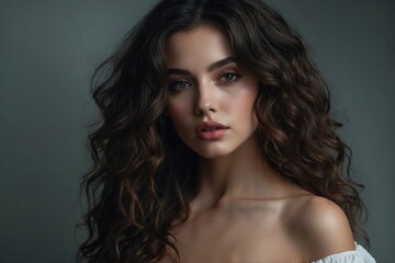 Beautiful Woman with Dark Hair: Perfect Makeup and Seductive Facial Features
