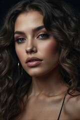 Fototapeta premium Beautiful Woman with Dark Hair: Perfect Makeup and Seductive Facial Features