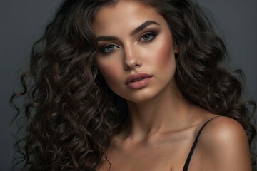 Beautiful Woman with Dark Hair: Perfect Makeup and Seductive Facial Features - obrazy, fototapety, plakaty
