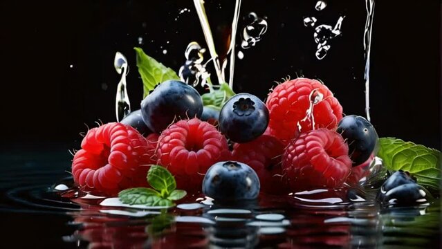 Raspberries, blueberries and fresh mint leaves splashing into water, AI generative