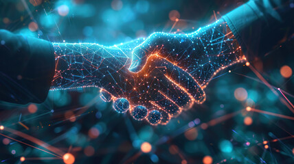 Handshake in digital futuristic style. The concept of partnership - obrazy, fototapety, plakaty