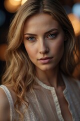 Large Portrait of a Young Beautiful Woman at a Party Atmosphere with a Subtle Smile