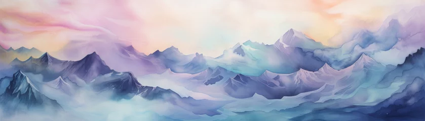 Cercles muraux Rose clair A painting of mountains with a blue sky in the background. The mountains are covered in snow and the sky is a mix of pink and blue. The painting evokes a sense of peace and tranquility