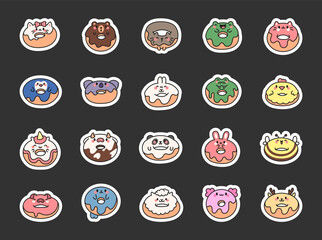 Cute kawaii donut with animal face. Sticker Bookmark. Cartoon funny food. Hand drawn style. Vector drawing. Collection of design elements.