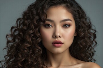 Beautiful Asian Woman with Wavy Hair: Perfect Makeup and Seductive Facial Features - obrazy, fototapety, plakaty