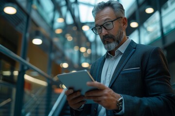 A businessman in a sleek suit is absorbed in exploring insurance options on a cutting-edge tablet.