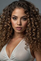 Beautiful Latina Woman with Curly Hair: Perfect Makeup and Seductive Facial Features