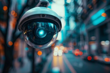 A close up of an AI powered surveillance camera capturing the city street. - obrazy, fototapety, plakaty