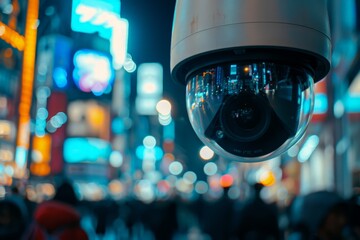 A close up of an AI-powered surveillance camera monitoring a bustling city street. - obrazy, fototapety, plakaty
