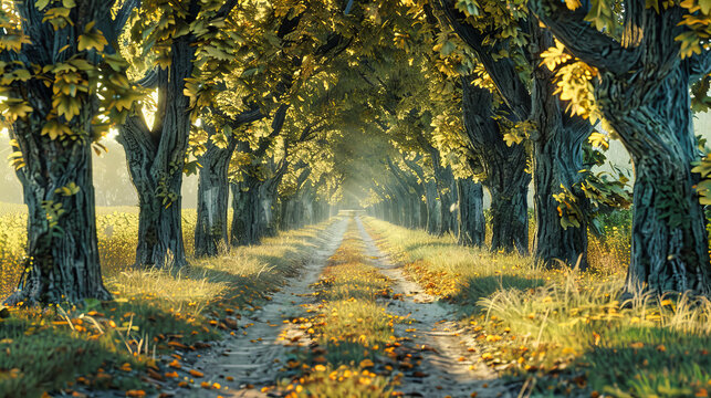 Vibrant Autumn Scene, Forest Road with Golden Leaves, Seasonal Beauty and Scenic Path