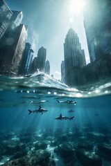 Underwater Business Center: Sharks among Flooded City Streets under Sun Rays