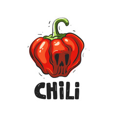 Illustration red hot pepper with skull. The hand draw inscription Chili. Sketch style lettering. Vector file