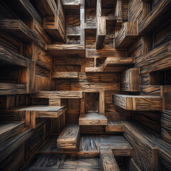 The image is a close up of a wooden structure with many wooden blocks. The blocks are arranged in a way that creates a maze-like pattern, with some blocks being larger than others
