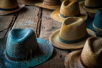 An assortment of exquisite handcrafted hats is elegantly displayed on a rustic wooden table, each hat telling its own unique story.
