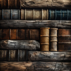 A stack of old books with a wooden background. The books are of different sizes and colors, and they are arranged in a way that creates a sense of depth and texture