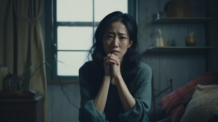 Depressed Asian middle aged woman in the room. - obrazy, fototapety, plakaty