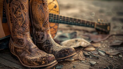 Country music vibe with vintage cowboy boots and a classic guitar - obrazy, fototapety, plakaty