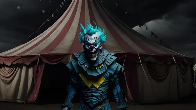 Portrait of a creepy scary clown with sharp teeth standing in front of a carnival tent. Halloween haunted attraction. Seamless loop animation