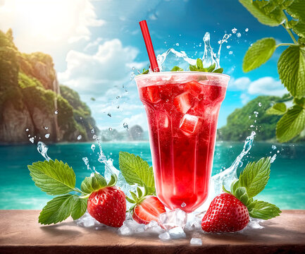 Glass of strawberry juice in nature
