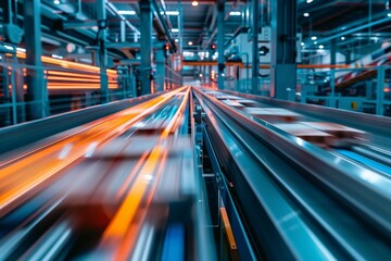 Fototapeta na wymiar Conveyor belts in motion blur, showing dynamic industrial activity in a high-tech setting.