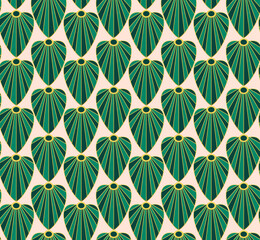 Art Deco inspired pattern with stylized palm leaf shape motif in emerald green color. Elegant floral Art Deco seamless pattern.