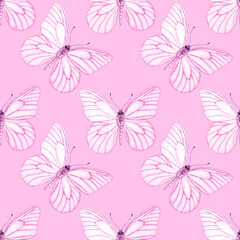 Watercolour Butterflies with pink wings illustration seamless pattern. Hand-painted elements insect. Hand drawn delicate insects. On pink background. For postcard, fabric, wrapping paper, print