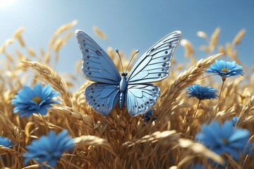 Blue Butterfly on Top of a Cereal Field