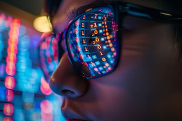Close up of a person wearing glasses, with a reflection of binary code seen in the lenses.