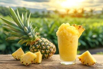 Freshly made pineapple slush with fruit around it on a wooden table outside with pineapple crops in...