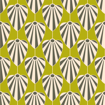 Art Deco tropical seamless pattern design. Stylized art deco inspired botanical design with striped leaf shaped motifs.