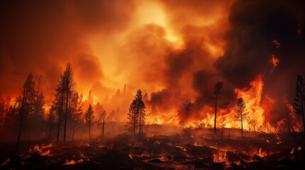 Flames engulf the forest. A raging wildfire engulfing a forest - obrazy, fototapety, plakaty