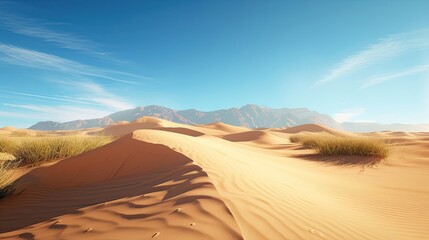 Fototapeta premium Endless desert, dune, hills, dunes, cloudless sky, sand, mountains in the background, drought, scorching sun, heat, wasteland. The concept of loneliness and hopelessness. Generative by AI