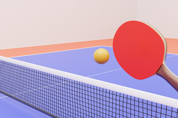 Rackets for table tennis, ping pong hits the ball on the table. 3d rendering