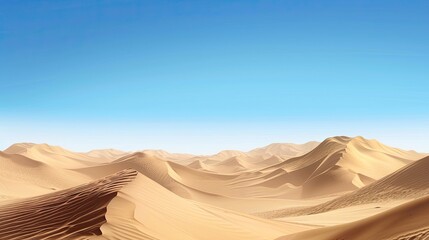 Fototapeta na wymiar Endless desert, dune, hills, dunes, cloudless sky, sand, mountains in the background, drought, scorching sun, heat, wasteland. The concept of loneliness and hopelessness. Generative by AI