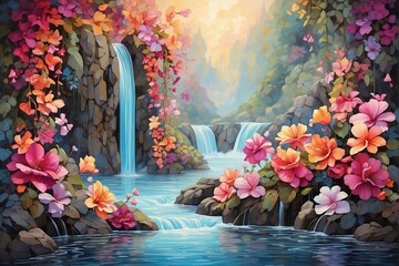 Painting of a Waterfall in the Forest, Magical Multicolored Flowers