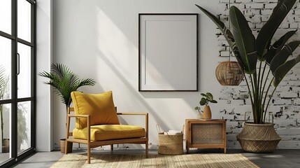 Transform your home into a sanctuary of style with minimalist furniture and mockup poster artwork, framed to perfection for a polished finish  attractive look