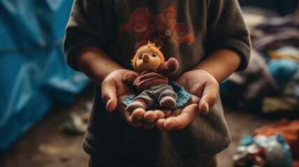 Hands of a child holding a toy in a temporary shelter - obrazy, fototapety, plakaty