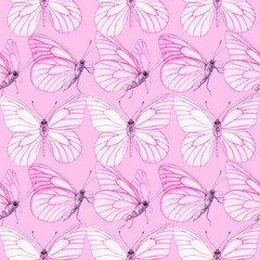 Watercolour Butterflies with pink wings illustration seamless pattern. On pink background. Hand-painted elements insect. Hand drawn delicate insects. For decoration, postcard, fabric, sketchbook