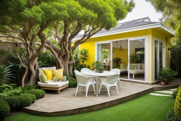 Courtyard with a Tiny House under a Tropical Tree